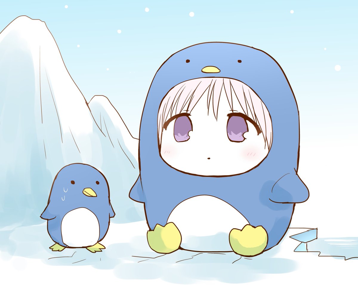 penguin purple eyes bird 1girl snow sitting ice  illustration images