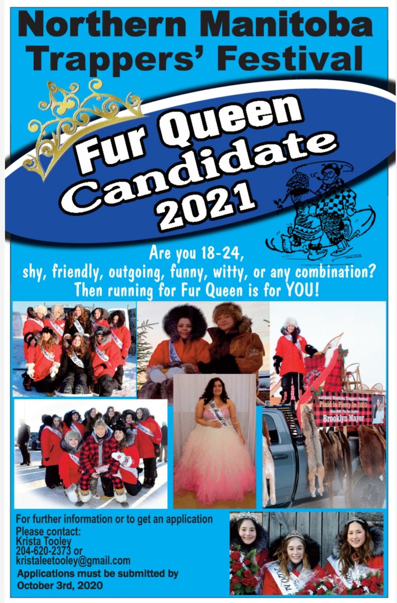 TrappersFest's tweet photo. 🌟 🌟 IT'S THAT TIME OF YEAR AGAIN 🌟 🌟 
We're looking for our 2021 Fur Queen!! NOW ACCEPTING APPLICATIONS!!! Talk to any of our past candidates, this is an amazing opportunity you won't want to miss out on!!!
LIKE 👍 COMMENT 💬 SHARE 🤗🙌
#thepasmb #northernmb #trappersfestival https://t.co/kSKvWS5IrJ