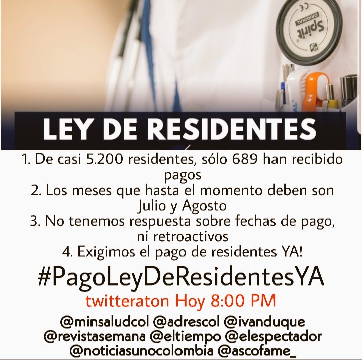 AnaMGD4's tweet photo. Como médica y residente me uno a la iniciativa. #PagoLeyDeResidentesYA
 @minsaludcol @adrescol @ivanduque
@revistasemana @eltiempo @elespectador @noticiasunocolombia @ascofame_  @Citytv @ANIRNACIONAL https://t.co/DdHuB9Qg2P