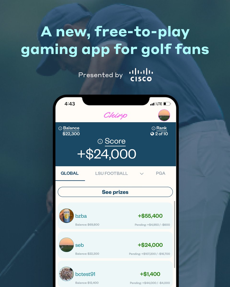 GOLF_com's tweet photo. Introducing Chirp, the ultimate gaming destination for golf fans! 

Watch. Wager. Win! Chirp incorporates real-time gaming action for the chance to win must-have prizes. 

Play the U.S. Open: https://t.co/4oWgD6iF5Y

(presented by @Cisco) https://t.co/BKWK1dRuRS