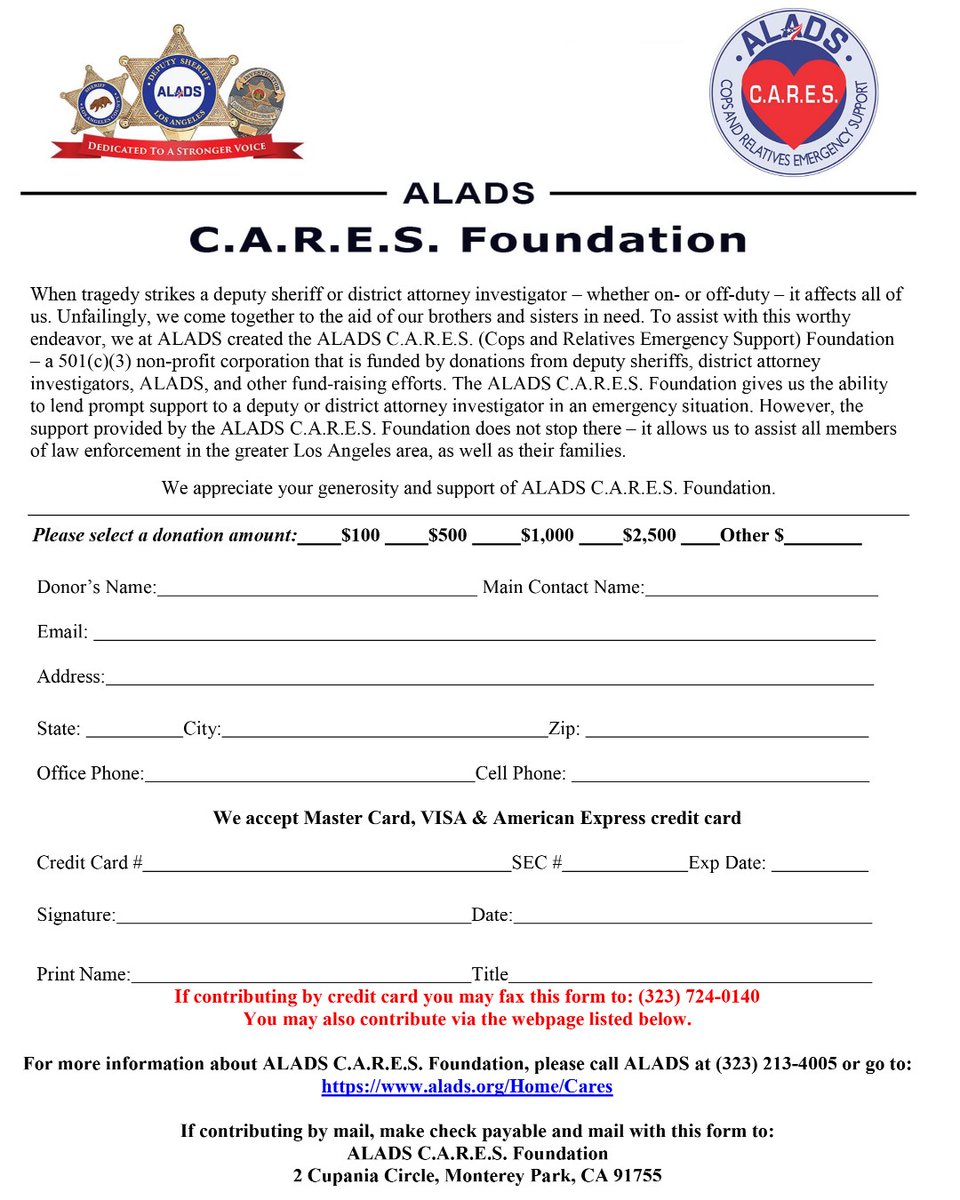You can  now make a donation on the ALADS website alads.org/Home/Cares on behalf of the two deputies who were ambushed.  Or mail or fax in a donation by downloading this form. Thank you for your donation and your support!

#ALADS 
#deputy
#LASD
#Compton