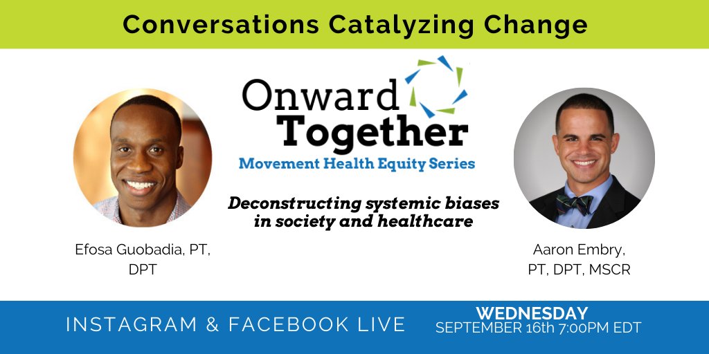 Third installment of our Onward Together: Movement Health Equity Conversation Series happening THIS WEDNESDAY at 7:00pm EDT with <a href="/aembrypt/">Dr. Aaron</a> as he &amp; CEO <a href="/EfosaGuobadia/">Efosa Guobadia</a> discuss systemic biases in society and healthcare on Facebook Live. You don't want to miss this! #MovementHealth