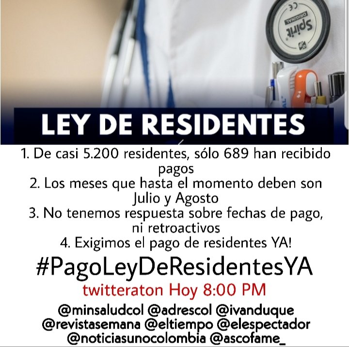 Luis Carlos Leal A🏳️🌈🏳️⚧️ (@luiscarlosleala) on Twitter photo Con la ley de residentes se mejora la calidad de formación de especialistas en el país, se salda una deuda histórica y se fomenta la investigación.
Seguimos en la esclavitud del siglo XXI gracias a la falta de compromiso de <a href="/MinSaludCol/">MinSalud Colombia 🇨🇴</a>
A cumplir #PagoLeyDeResidentesYA Con la ley de residentes se mejora la calidad de formación de especialistas en el país, se salda una deuda histórica y se fomenta la investigación.
Seguimos en la esclavitud del siglo XXI gracias a la falta de compromiso de <a href="/MinSaludCol/">MinSalud Colombia 🇨🇴</a>
A cumplir #PagoLeyDeResidentesYA
