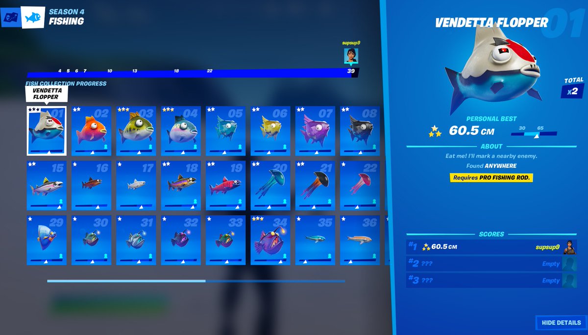 supsup987's tweet image. Fishing in #Fortnite is relaxing. Just spent some time in the Battle Lab completing my collection. Caught 2 Vendetta floppers but fish #40 is still missing. GN.