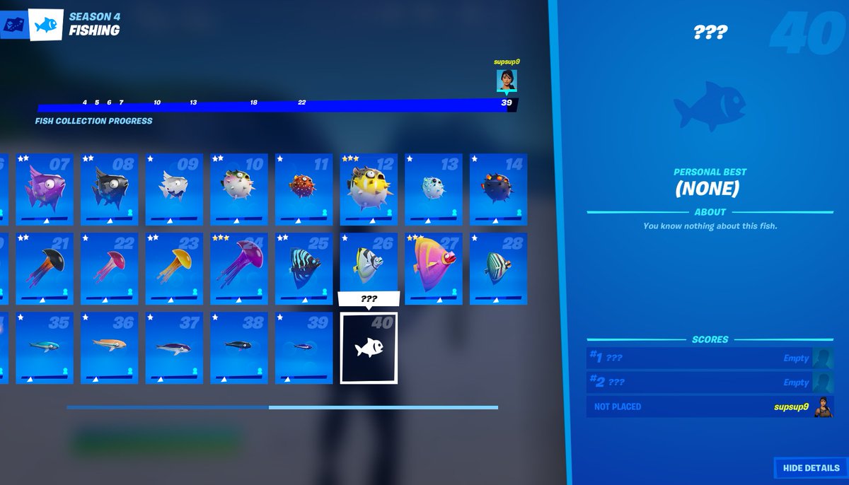 supsup987's tweet image. Fishing in #Fortnite is relaxing. Just spent some time in the Battle Lab completing my collection. Caught 2 Vendetta floppers but fish #40 is still missing. GN.