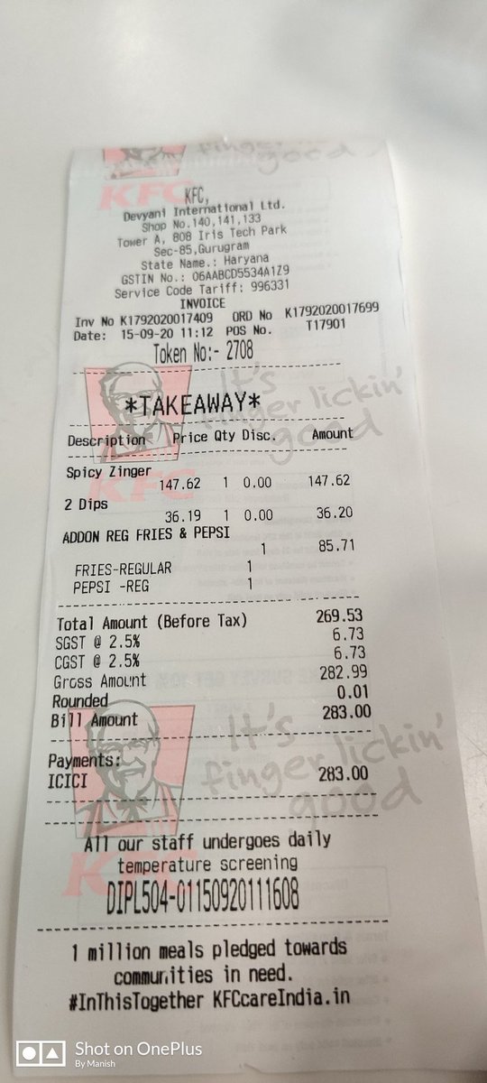 KumarMishramann's tweet photo. @KFC_India  hey KFC ,I was about to cheated in one of your outlet in Gurugram,Irish tech park. I ordered one spicy zinger and one coke, where your cashier has ask to pay 283 .I asked for bill,he told that paper roll is over,you enjoy your meal and later I will give you the bill. https://t.co/ynLbXzXBe5