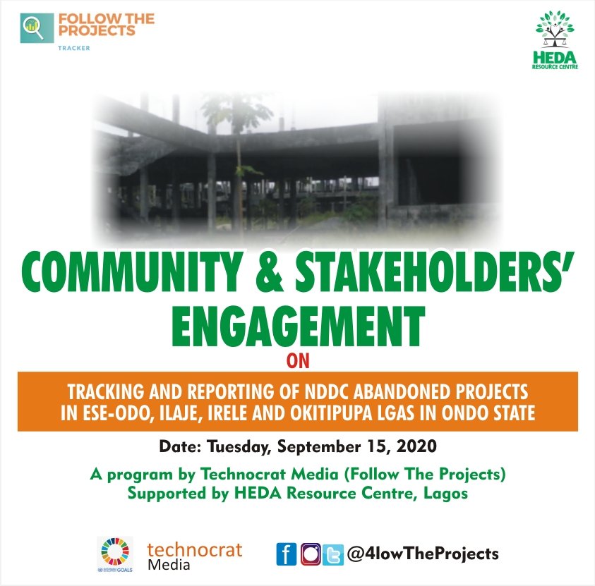 4lowTheProjects's tweet photo. We're set to engage communities and stakeholders across four LGAs of Ondo South Senatorial District today with a focus on @NDDCOnline abandoned projects in the region #FollowTheProjects #FixOurInfrastructures @Dataphyte @HEDAgenda @HamzyCODE @oxfaminnigeria @ppmonitorNG https://t.co/6A61vw4780