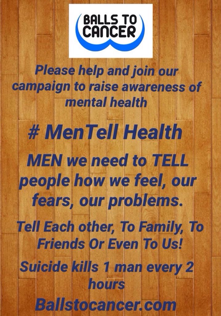 Ballstocancer's tweet photo. It's #TalkAboutit Tuesday. Today please try to talk to friends, family or even us about how you feel. Mental health is not all bad and we need to celebrate the good days and share our bad days. We need to not feel judged because today we feel down or stressed. #MenTellHealth https://t.co/aa7BVWGqVy