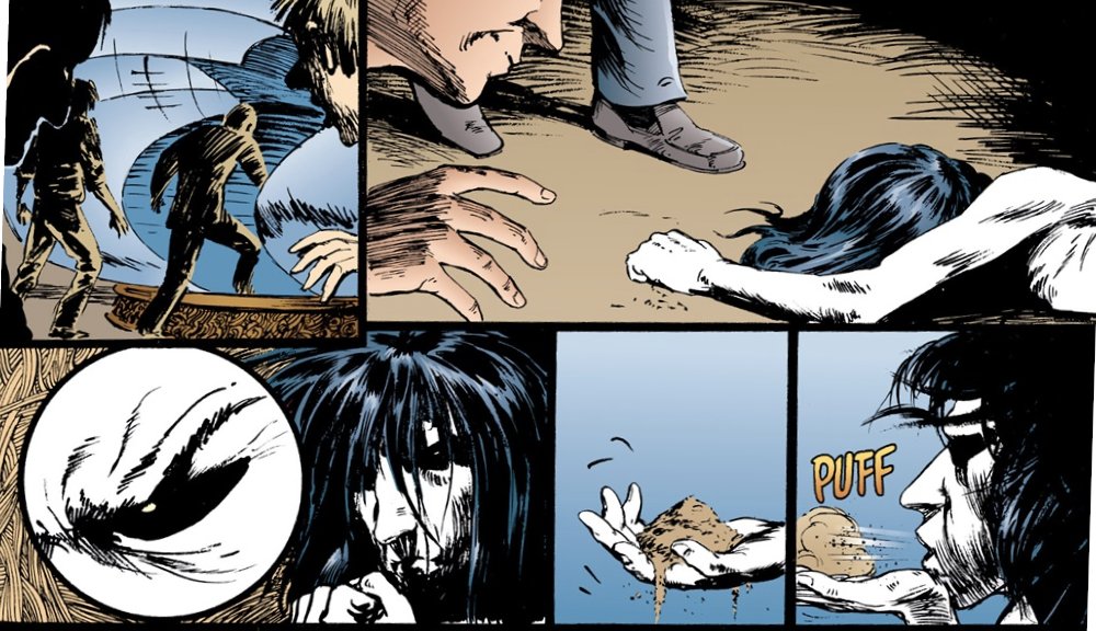 A series of comic panels. They show men entering a sort of bubble, where a man so pale he’s paper-white lies passed out on the ground. He raises his head, with pitch-black eyes under black hair. He’s holding a handful of sand, which he blows forward. 
