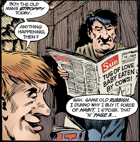A comic panel. It shows two older men speaking. One is reading a newspaper, the Sun, dated September 14, 1988. They are saying, “Boy, the old man is stroppy today. Anything happening, then?” The newspaper-reading man replies, “”Nah. Same old rubbish. I dunno why I buy it. Force of habit, I s’pose. That ’n’ page 3.”
