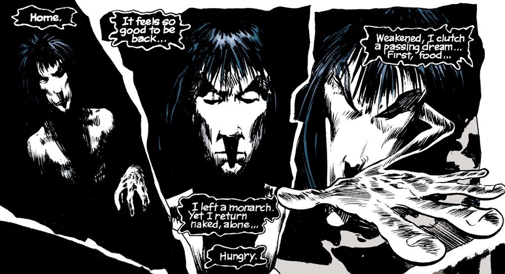 A series of comic panels. They show a paper-white pale man with jet black hair and completely black eyes. He is speaking to himself: “Home. It feels so good to be back… I left a monarch. Yet I return naked, alone… Hungry. Weakened, I clutch a passing dream… First, food.”
