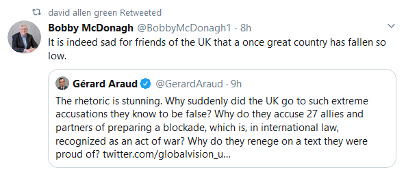 A former Irish Ambassador retweeting a former French Ambassador, half in condemnation half in sorrow about the UK government. Once upon a time this would have mattered deeply to any UK government.