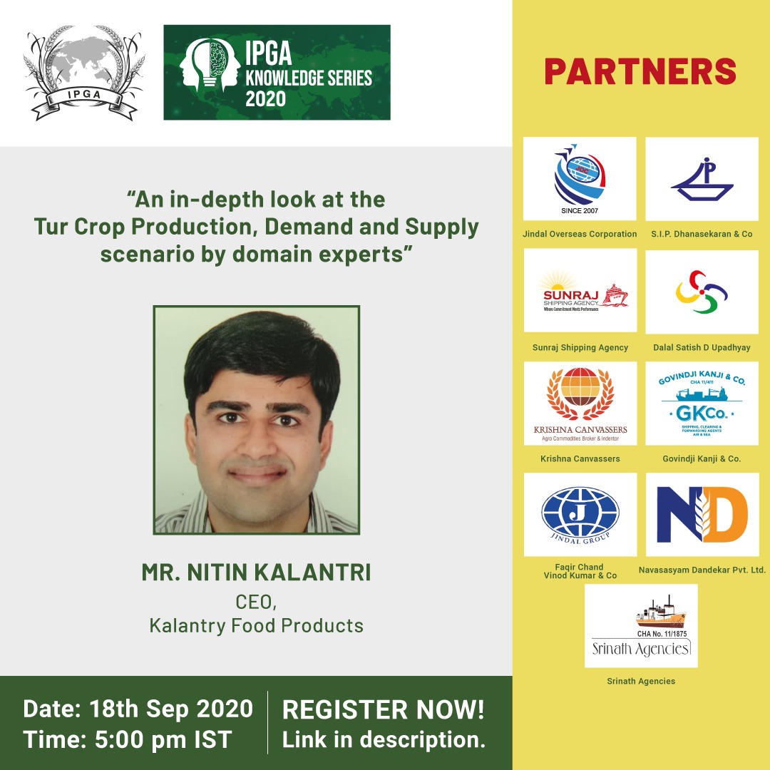 CeoIPGA's tweet photo. IPGA KNOWLEDGE SERIES presents THE KHARIF CROP OUTLOOK WEBINAR at 5 pm IST on Friday, September 18, 2020
Click https://t.co/aASVxBMUeS to register TODAY!
#IPGA #IPGAKnowledgeSeries #Pulses #kharifcropoutlook #Agricommodities #pulsesindustry #Tur #Urad #Moong #PulsesMilling https://t.co/jCkzjbmBfb