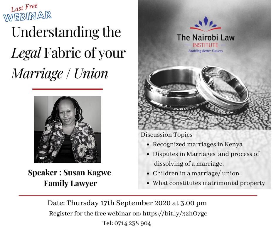 nairobilaw_inst's tweet photo. This Thursday , see you here 👇🏻for a free webinar on the legal fabric of marriage 
Pastors, HRs,Lawyers , marriage counsellors #marriage #nairobilawinstitute #pastor #lawyers #lawyershub #Webinars https://t.co/gD9qk0cXtj