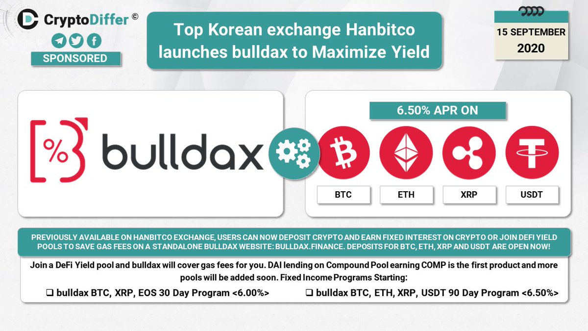 Top Korean exchange @HanbitcoKr launches @bulldaxofficial to Maximize  Yield! Users can now deposit crypto and earn fixed interest on crypto or  join DeFi Yield pools to save gas fees on a standalone