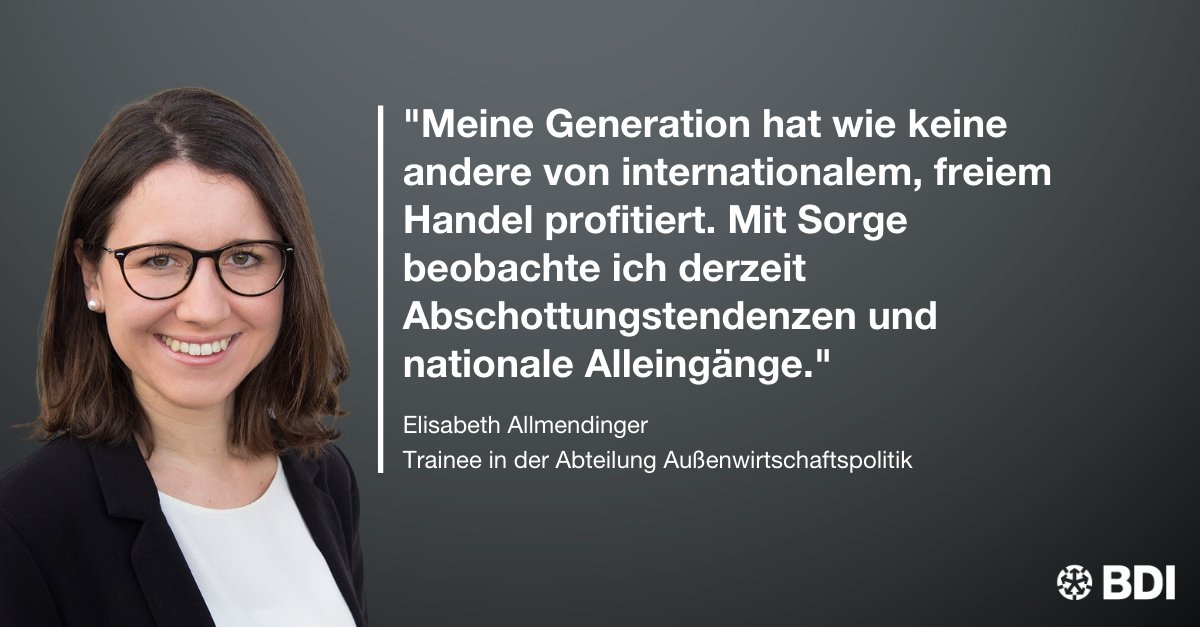 Darf ich vorstellen: Elisabeth Allmendinger, seit jüngstem Trainee in unserer <a href="/Der_BDI/">BDI</a>  Außenwirtschaftsabteilung und überzeugte Verfechterin eines freien und regelbasierten multilateralen Handelssystems! #Außenwirtschaftsnachwuchs