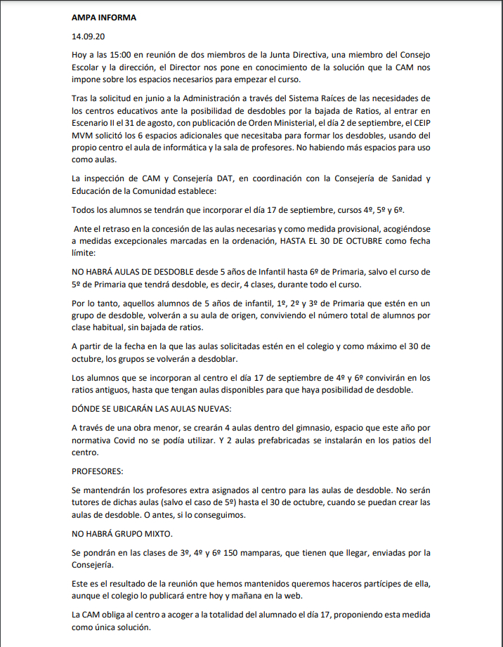 FRomanJava's tweet photo. @IdiazAyuso ¿me puede explicar por qué en el CEIP Manuel Vázquez Montalbán de Leganés obligan a eliminar el desdoble de las clases y suspender los ratios máximos de 20 alumnos, anunciados por su gobierno? En este colegio, ¿la seguridad de alumnos y profesores no es importante? https://t.co/cX2xp4EGpy