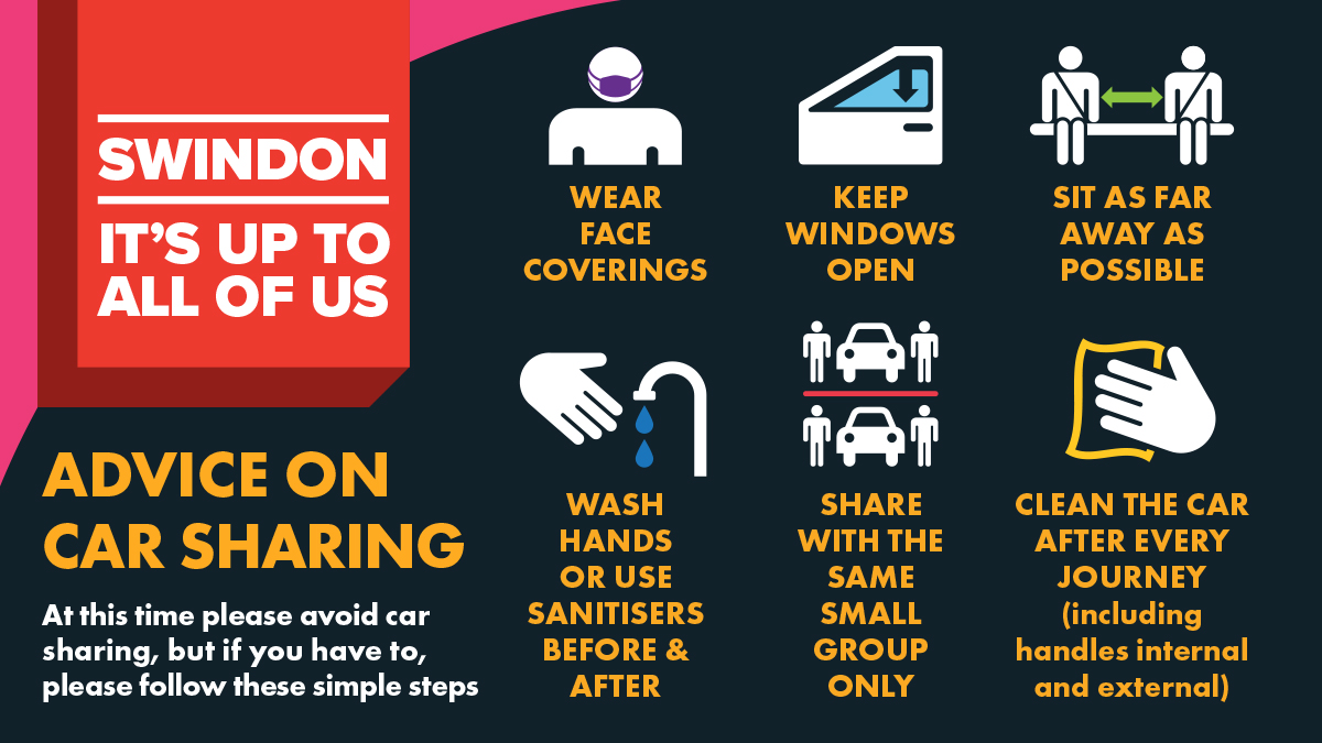 SwindonCouncil's tweet photo. Right now, you shouldn’t be sharing a vehicle with people outside your household, that includes picking up other children on the school run. 

But if sharing a vehicle is your only option, you need to make sure you follow these guidelines. https://t.co/7v6kSHp7ak