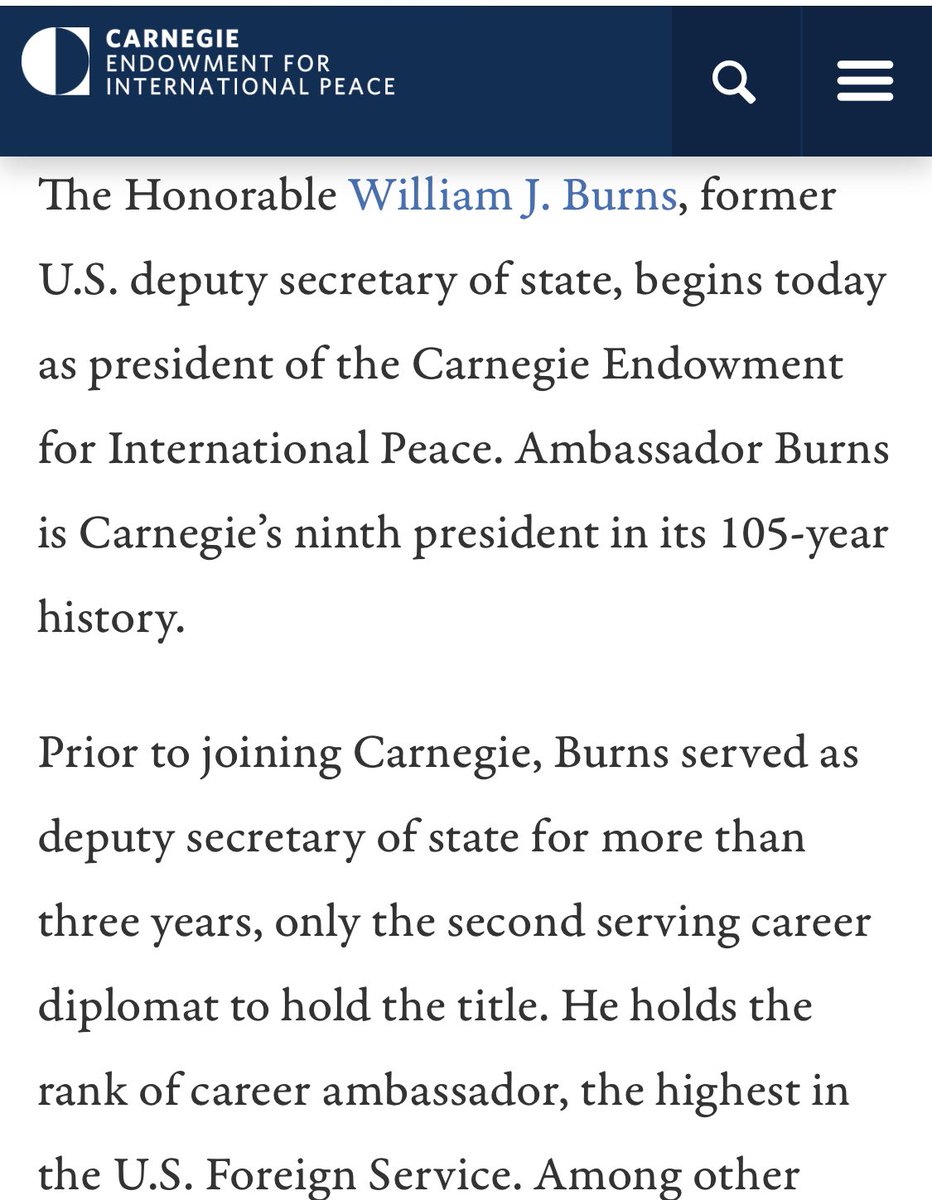 Being one of the most influential think tanks in the US, Carnegie Endowment’s links with the US govt policy making & intelligence networks are deeper than others.The fact that its current President is former deputy secretary of state William J Burns, solidifies this view./11