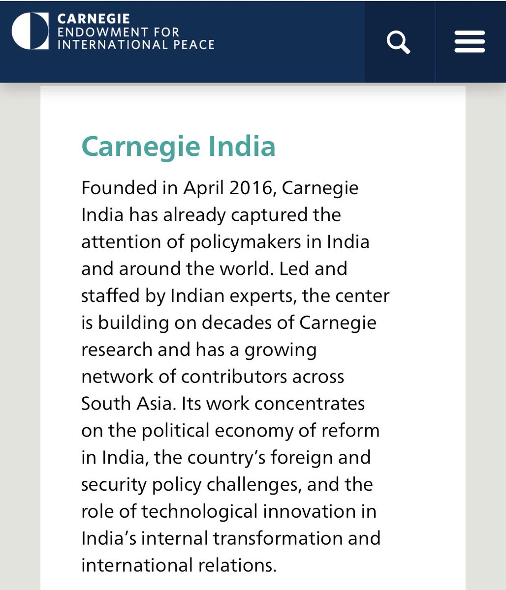 In 2016, Carnegie Endowment even opened an office in New Delhi India & established the ‘Tata Chair for Strategic Affairs’ understandably with ‘donations’ by the Indian billionaire Ratan Tata.Ashley J Tellis was appointed as the senior fellow with focus on the Subcontinent./14