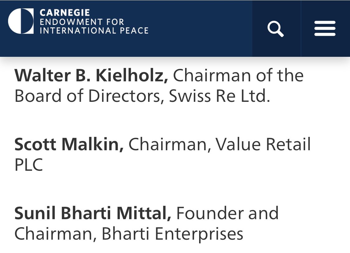 Here it gets interesting, not only is Carnegie Endowment linked to special interest lobbying networks in USA but also in India.Sunil Mittal Founder & Chr. of Bharti Enterprises&Ratan Tata Chr. of Tata Trustsare both Indian billionaire board trustees of the think tank./13