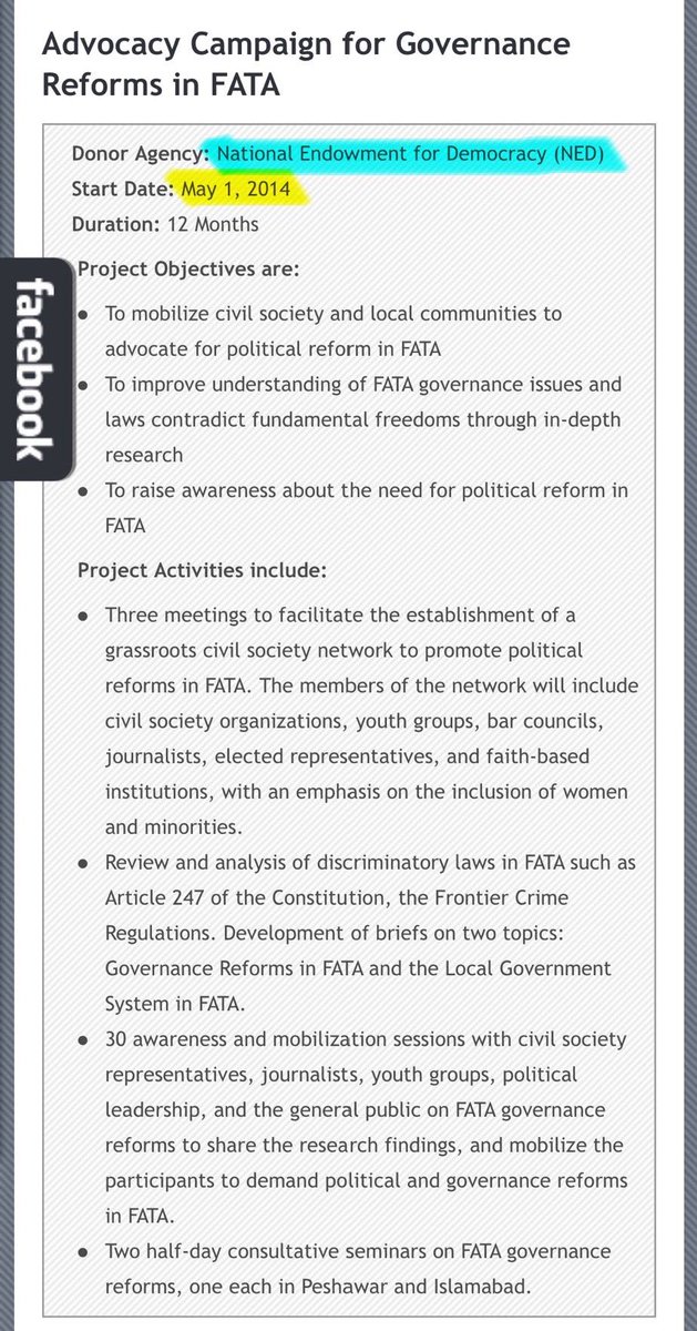 In 2014, National Endowment for Democracy began a program offering funds for local individuals/groups who could “mobilize civil society & local communities” in an advocacy campaigns in FATA.Target of this “mobilization” were NGOs, journalists, lawyers, women & minorities.”/20