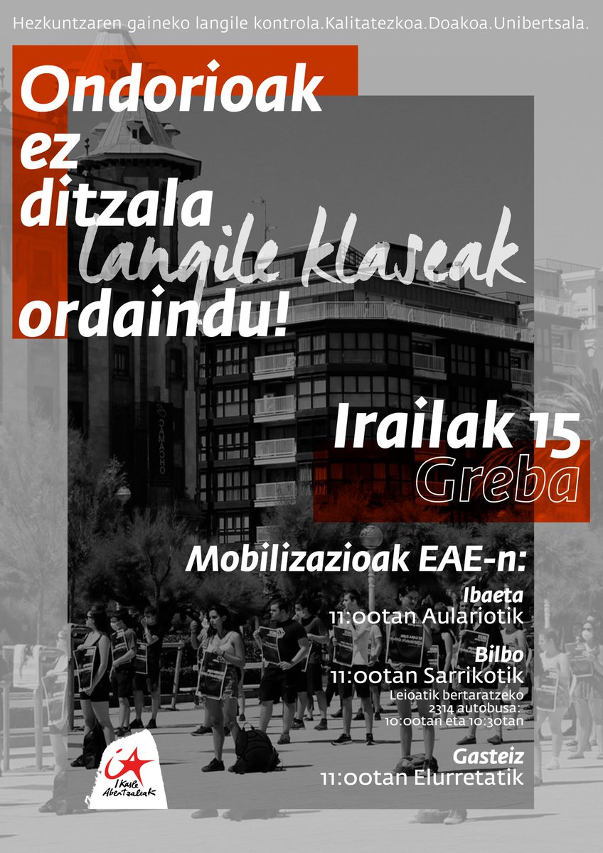IASozialista's tweet photo. #I15greba | Hasi da greba eguna EAEn, beste behin ere langileon aldarriak aterako ditugu kalera, aurrean izango gaituztela entzun dezaten.
Hezkuntzaren gaineko langile kontrola, doakoa, kalitatezkoa eta unibertsala!

Mobilizazioak 11tan:
👉🏽 Sarrikotik
👉🏽 Ibaetatik
👉🏽 Elurretatik https://t.co/fYuXhsoTdr