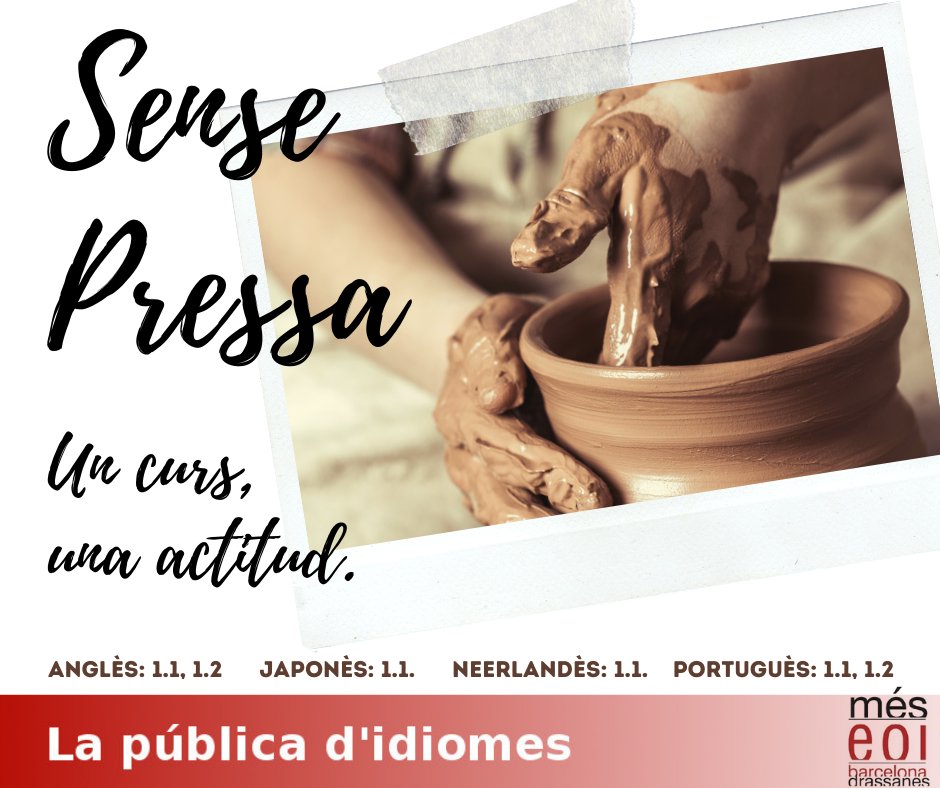 EOIBarcelona's tweet photo. A l’EOI Barcelona Drassanes pots gaudir de l’aprenentatge d’una llengua amb calma, sense pressa però sense pausa.
A partir del 17 de setembre, matrícula’t dels cursos SENSE PRESSA: https://t.co/DxvYJBSaSk https://t.co/sdCP3RnXiA