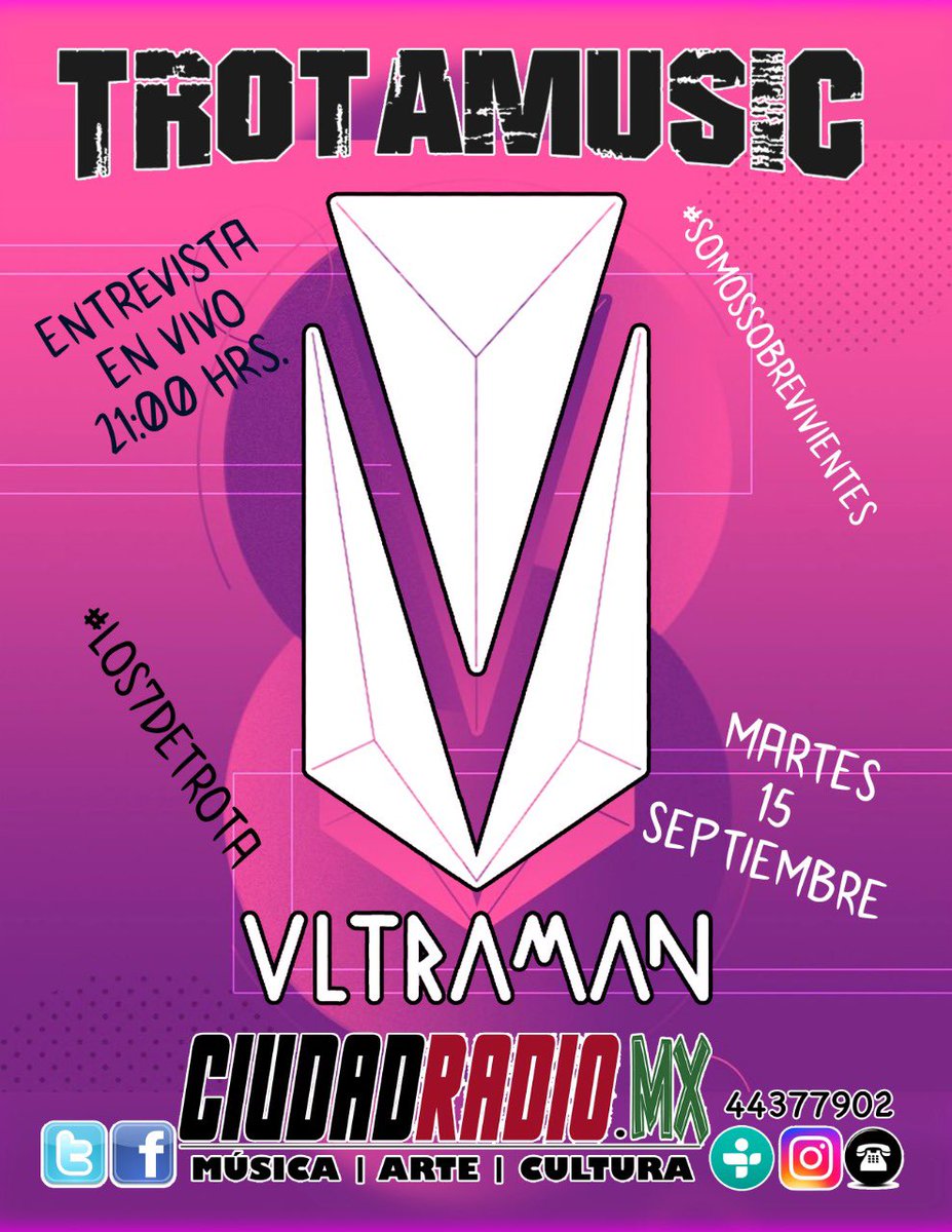 ¡Viva México!
#TrotaMartes 15 de Septiembre 
Entrevista con Eli Ray de Venezuela 🇻🇪 
En punto de las 20:00 🕗 🇲🇽 
Y después Ultraman MX a las 21:00 🕘 nos platicará de su proyecto! 
Por Ciudad Radio ciudadradio.mx 
#somossobrevivientes
#los7detrota
#mutandotussentidos