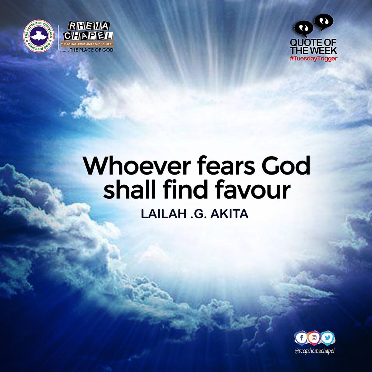 RhemaChapelRccg's tweet photo. Good morning generals.
Welcome to our month of Unending Favour.
May you be blessed by today's quote.
#UnendingFavour
#TuesdayTrigger https://t.co/rIBIih6VRF
