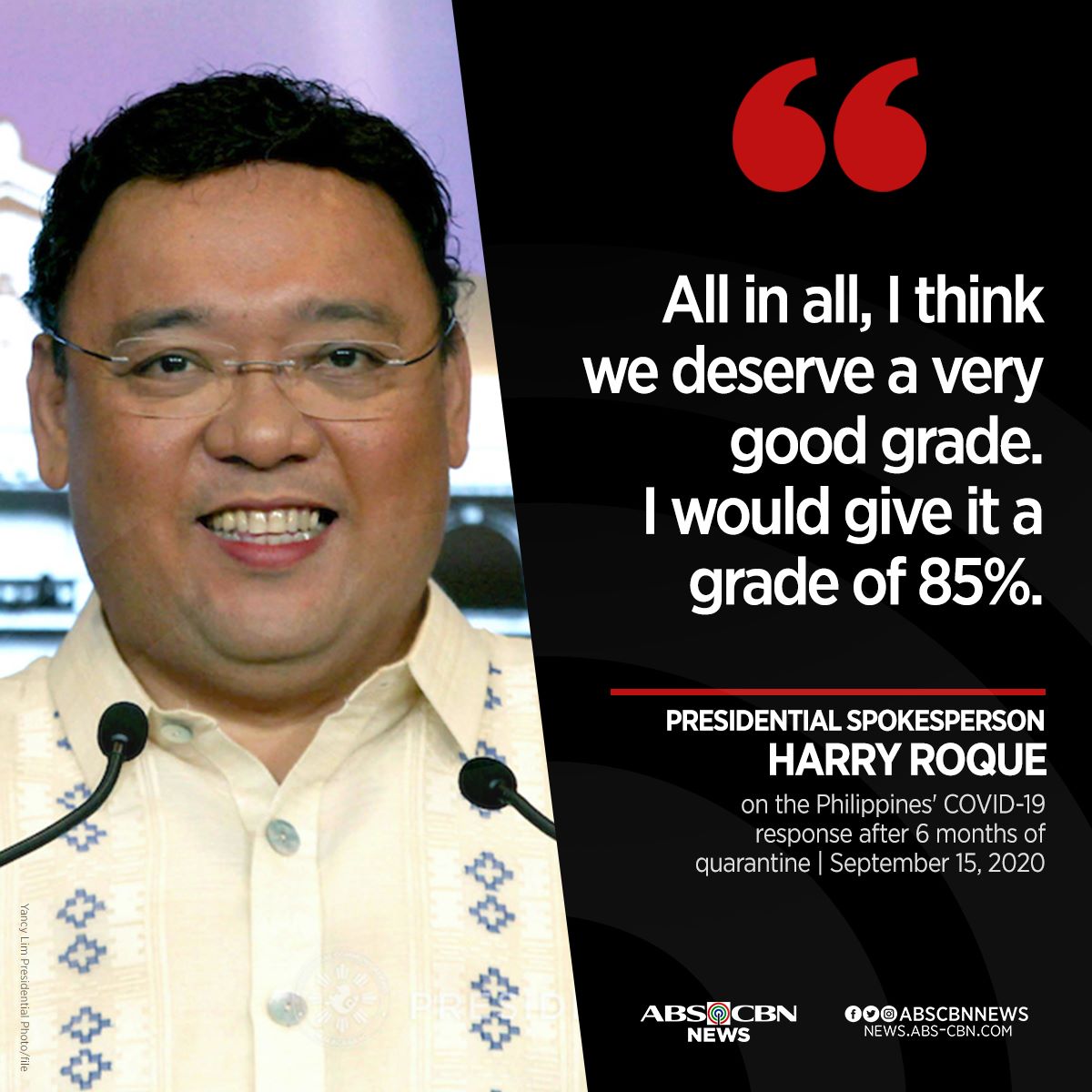 ABSCBNNews's tweet photo. Presidential spokesperson Harry Roque believes the Philippines deserves a grade of 85% for its #COVID19 response after 6 months of community quarantine. https://t.co/C5mA1DtZ33 https://t.co/Jgu2F173M7
