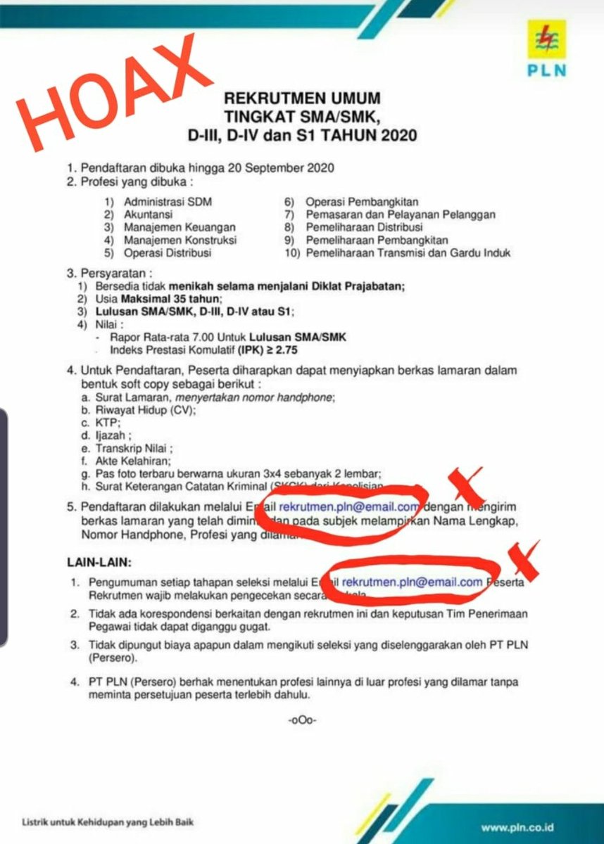 _pln_id's tweet photo. WASPADA HOAX REKRUTMEN PLN !!! 
Electrizen, Waspada atas Upaya Penipuan dengan berkedok Rekrutmen PT PLN (Persero), yang sering terjadi dan beredar melalui media sosial.

#waspadahoax #hoaxrekrutmenpln https://t.co/GWMtAxUMth