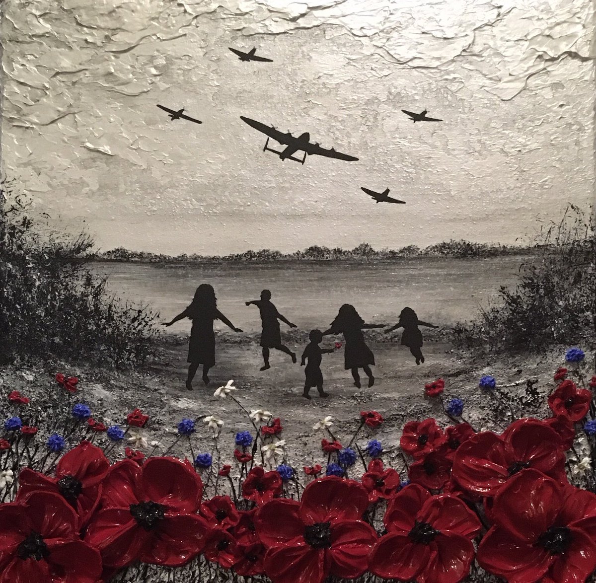 jhurleyart's tweet photo. Today is #BattleofBritainDay the name given to the largescale aerial battle which took place on the 15/9/40 during the #BattleOfBritain80 
My painting is inspired by memories of watching memorial flights with my own children, teaching them the importance of remembrance. #LWF https://t.co/jlwDMxKYKA