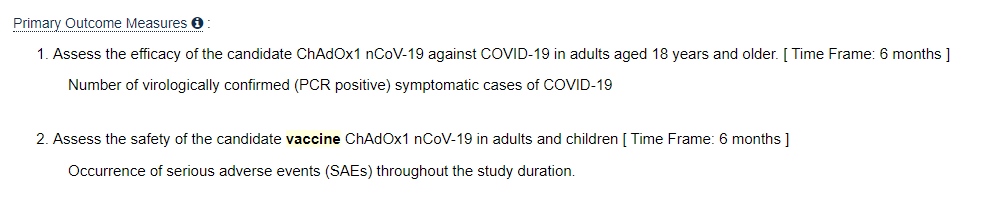 Oxford Clinical Trials Link: https://clinicaltrials.gov/ct2/show/NCT04400838?term=vaccine&recrs=adf&type=Intr&cond=COVID&cntry=GB&phase=2&draw=2&rank=1Two things:1) Efficacy doesn't appear to be primary outcome for kids as they are only getting one dose2) Where are the 13-17 yo kids If I am missing something, happy to be corrected