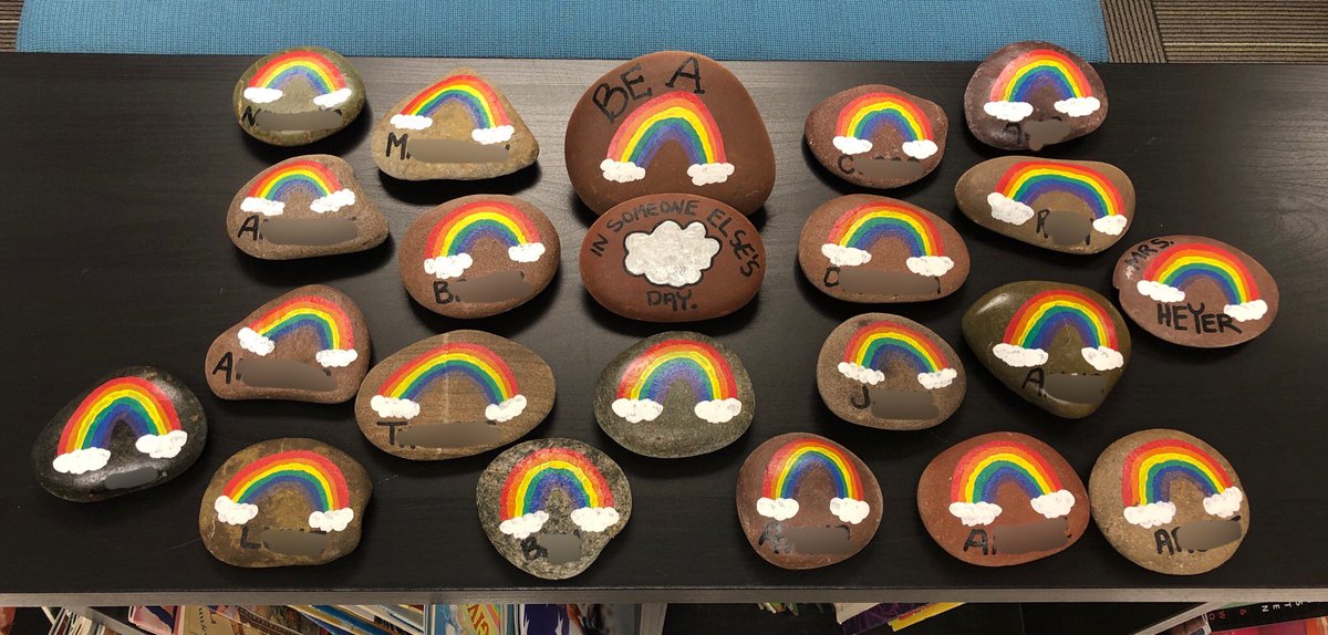 heyerlearning's tweet photo. “Be a rainbow in someone else’s cloud.” Maya Angelou
Each student has a rainbow rock with their name on it. 
Feeling good about the day = rainbow side
Having a rough start or not understanding something and needing a check-in = cloud side
#ThirdGrade #GreatStart ❤️ https://t.co/5lslSkuCtt