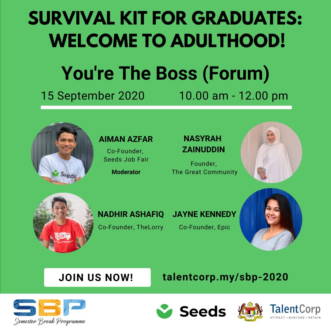 TalentCorpMsia's tweet photo. Our #SemesterBreakProgramme continues today with a forum on #Entrepreneurship, featuring these awesome speakers ๐
Catch us live at https://t.co/PWcSpODNUh
#TeamTalentCorp https://t.co/h7U16TxJ3j