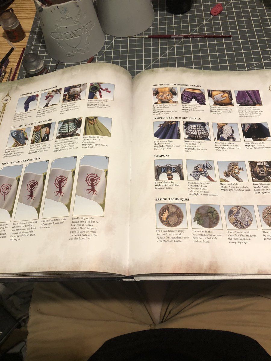 RyanWarheart's tweet photo. @WibDoesTweets You mentioned wanting to see some painting guides within Codexes on the most recent Misanthropod. I don't think this is quite the same but here is a painting guide in the AOS Cities of Sigmar Battletome. https://t.co/Nw5hlyPBza