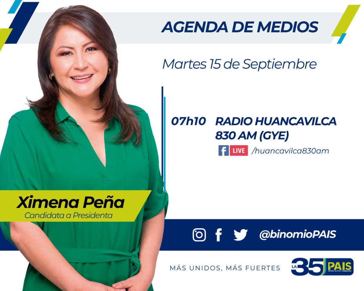 📣 Sigue la agenda de <a href="/XimenaPena1/">Ximena Peña</a> la única mujer en la carrera presidencial, conoce su trabajo y plan de trabajo.

➡️ <a href="/RadioHuancavilk/">Radio Huancavilca 830AM</a>