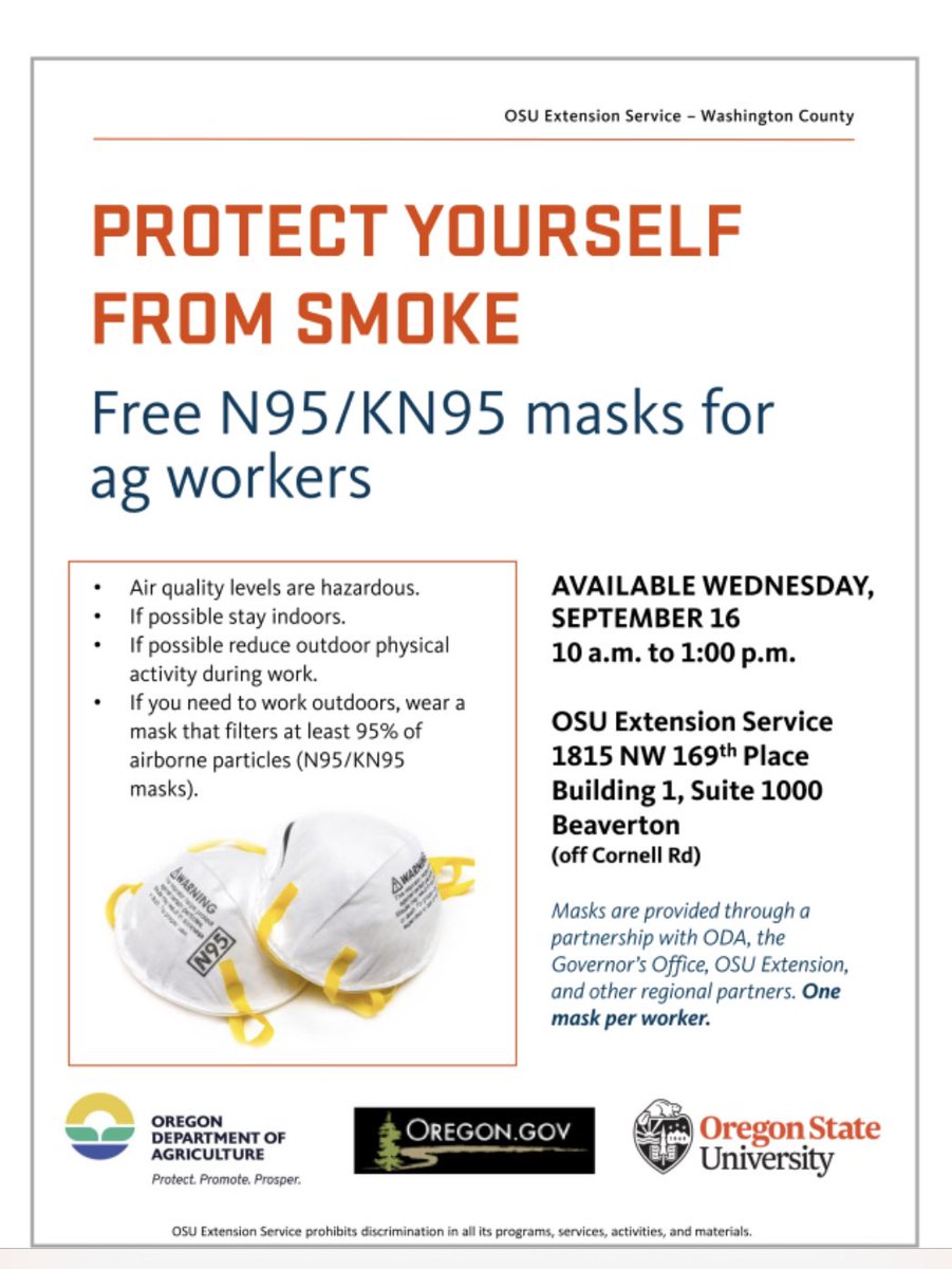OSUExtWashCo's tweet image. Free mask distribution for #Agriculture workers. September 16, 10 am to 1 pm, Washington County OSU Extension Service. #OregonWildfires2020