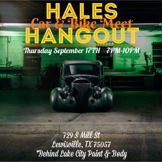 halesspeedshop's tweet photo. September 17th 7pm-10pm...The spot to be on Thursday night! Hales Hangout car, truck, &amp; bike meet.
#carmeet #DallasTX #hotrod #customtruck #HarleyDavidson #CustomMotorcycle #supercars #custom #vintage #texascarshows #Lowrider #classictruck #c10 #airride https://t.co/cvbU58Ip6V