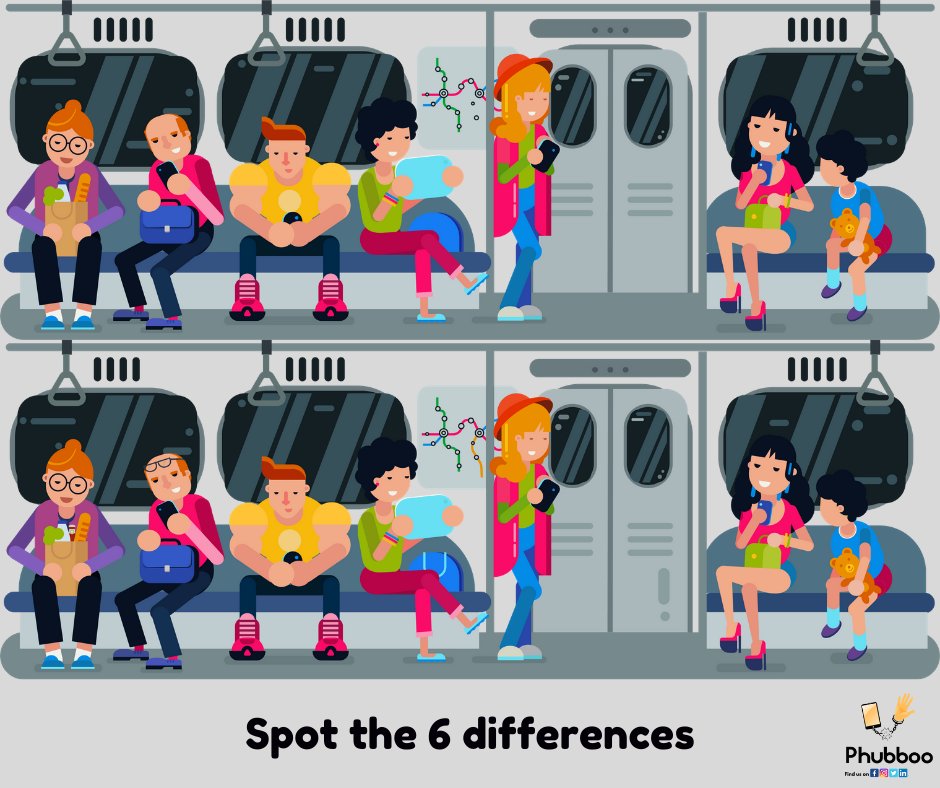 phubboo's tweet image. Do you have an eye for detail? Give this spot the difference a try. We must admit we have kept it simple this time. Let us know how long did you take to spot all of them. 

#spotthedifference #spotdifference #puzzle #digitaldetox  #phoneaddiction #phonedeaddiction #mobiledetox