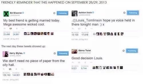 We have all the infamous tweets from friends and family and H on 09/28/2013 and 09/29/2013