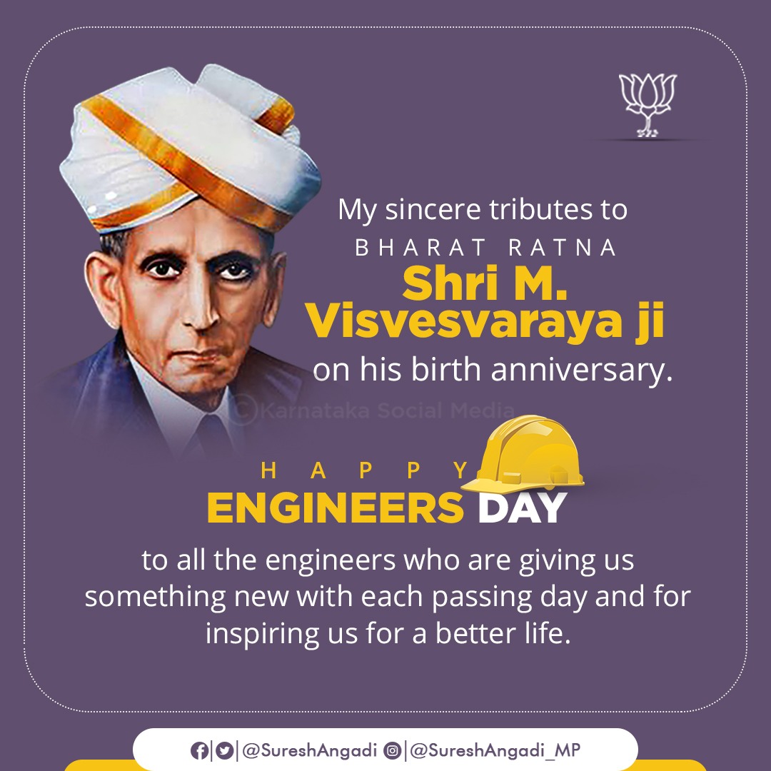 My sincere tributes to Bharat Ratna Shri M. Visvesvaraya ji on his birth anniversary.

Happy Engineers Day to all the engineers who are giving us something new with each passing day and for inspiring us for a better life.
#EngineersDay2020
#SirMVisvesvaraya