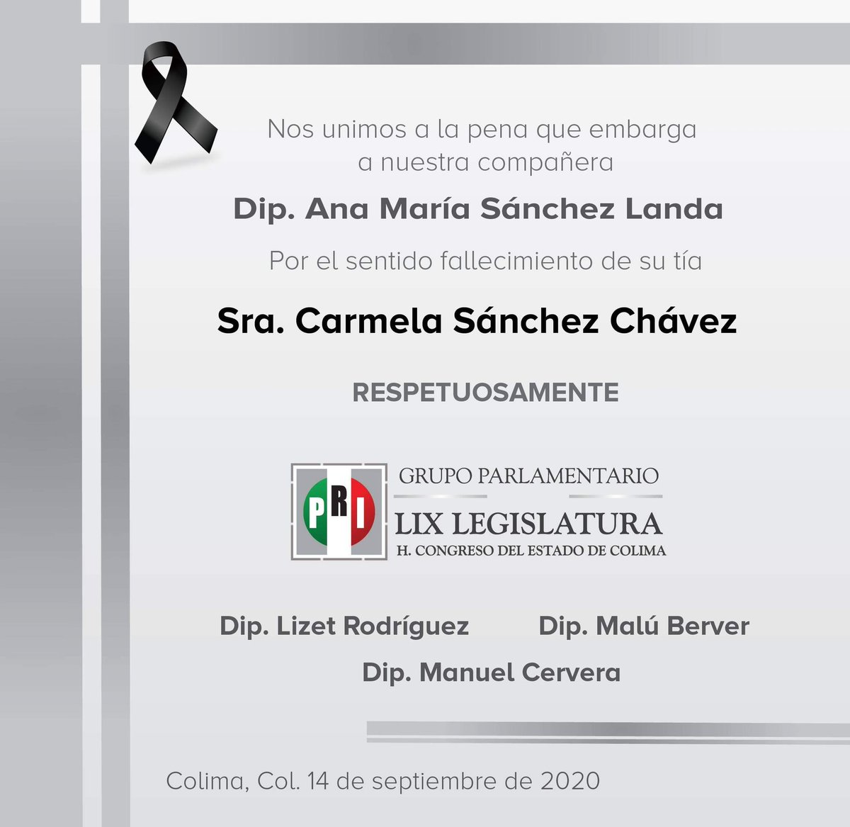 Nuestra solidaridad con la diputada Ana María Sánchez Landa por la sensible pérdida de su tía, la Sra. Carmela Sánchez Chávez.

Pronta resignación. 🙏