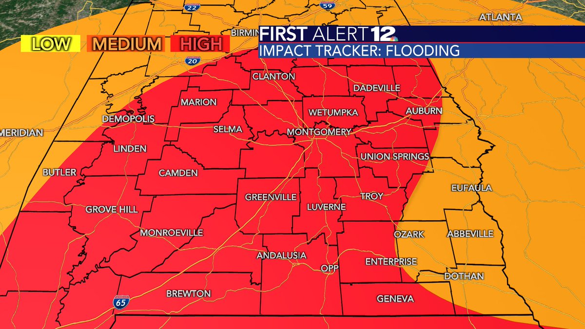 JoshWeather's tweet photo. NEW: I've just done my first take on specific local impacts. Our impacts will occur between Tuesday night and Thursday evening...remember, when the track changes, so do these. So, check back for updates. #alwx https://t.co/eD454TTXpT