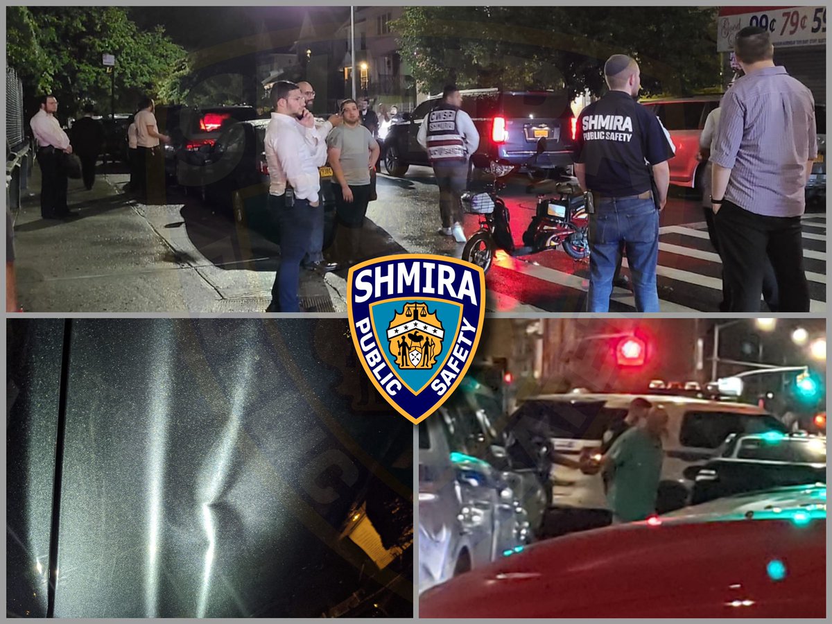 Shmira's tweet photo. Our members responded to the scene of a MVA which turned into a heated dispute. Upon arrival, they noticed one of the people involved vandalizing the other vehicle. After @MaimonidesEms discharged the driver he was taken into custody by @NYPD66pct. #HereToProtect https://t.co/H6IG80OwgV