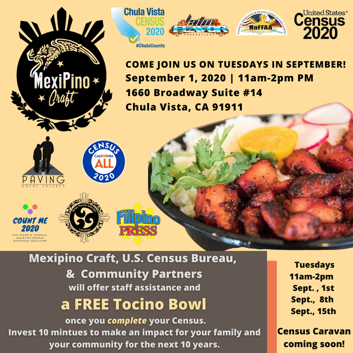 thinkchulavista's tweet photo. Join us from 11 a.m. - 2 p.m. TOMORROW, Tuesday, 9/15  at Mexipino Craft, 1660 Broadway, Ste. 14. Fill out the #2020Census and receive a FREE Tocino bowl! 👍 Spread the word and tag a friend!

#census2020 @countme2020 https://t.co/tHZlwnC5RU