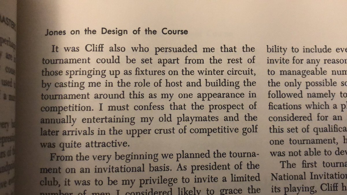 FOOOOOORE's tweet photo. Bobby Jones on the Master’s tournament. What if Tiger, once retired, played in only one tournament each year (Tiger Chase) and asked for a lead on the field for $15M? I wouldn’t miss it. I guess Jones retiring young makes a little bit of difference. https://t.co/15ieLlYzUZ