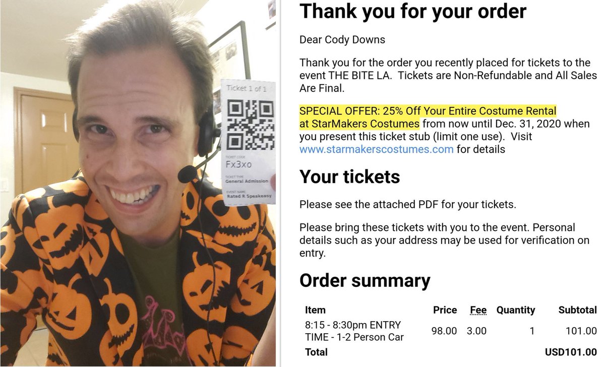 mrcodydowns's tweet photo. @GrahamSkipper:
1. 'Cause of @ScreenDrafts 4/5/2020 ep @OfficialSGordon; saw #FromBeyond for 1st time (❤ it!) Don't overstress @MarkerRyan625 w/Bard next week.
2. Holding onto my April 2020 @RatedRBar tix for future use gladly 🤗
3. It's on 10/29 for #TheBiteLA. 
Thanks! https://t.co/wzqmkUD5V6