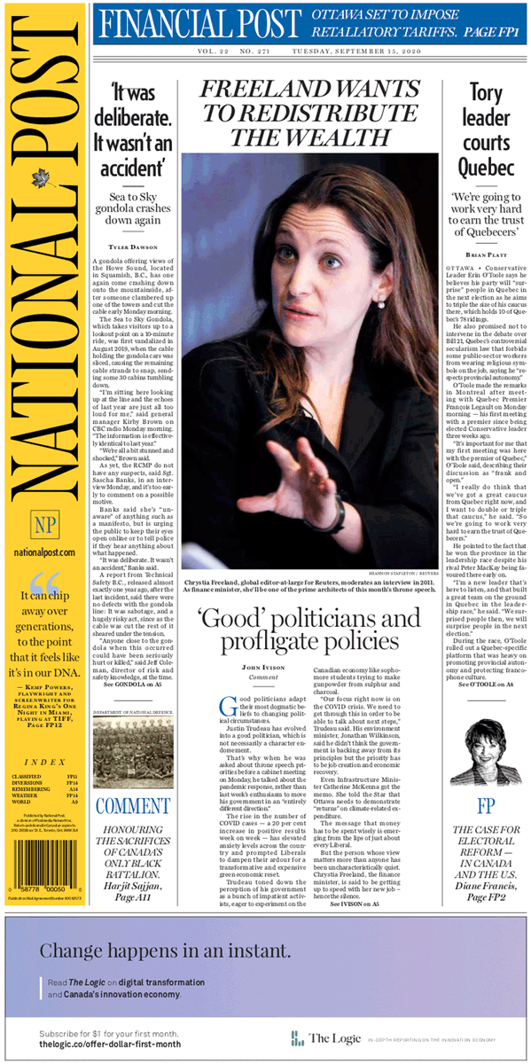 nationalpost's tweet photo. The Post's #frontpage for Tuesday, September 15, 2020. https://t.co/Uxf2ZDtMrD